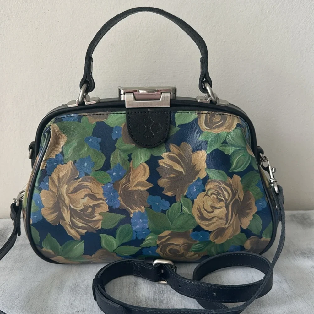 Patricia Nash Gracchi Frame Leather Blue Sky Rose Handbag Xbody Floral Blue